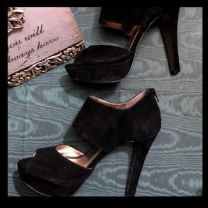 BCBG suede, peep toe, platform shoes